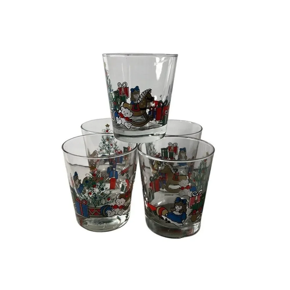 1988 Anchor Hocking Christmas Toys Rocks Highball Glasses Lot Of 5